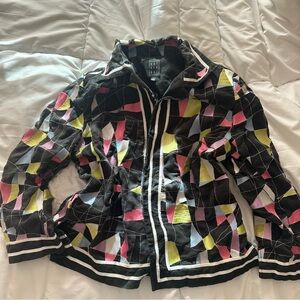 Due Per Due Womans Blazer Top Multicolor 14 Geometric Long Sleeve Open Linen